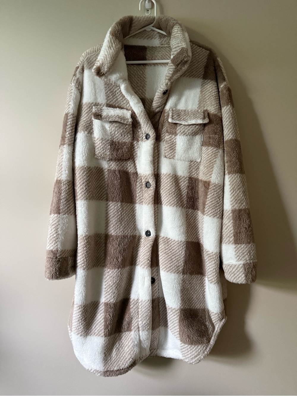 Women’s Plaid Teddy Shacket Coat - Cream & Brown